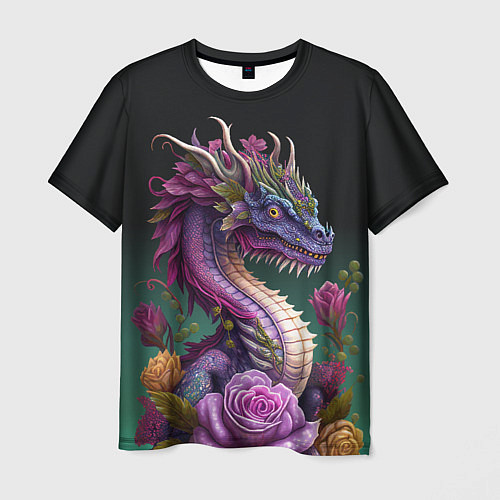 Мужская футболка Неоновый дракон с цветами / 3D-принт – фото 1