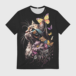 Мужская футболка Голубоглазый кот в цветах