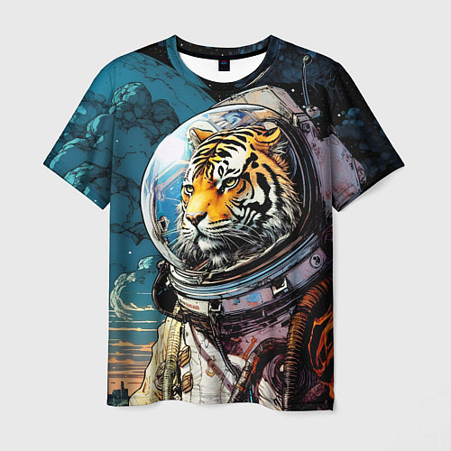 Мужская футболка Тигр космонавт на далекой планете / 3D-принт – фото 1