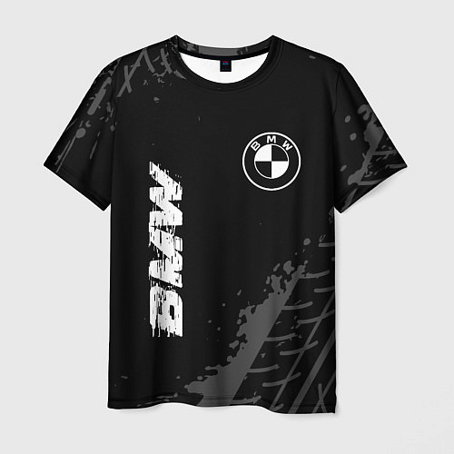 Мужская футболка BMW speed на темном фоне со следами шин: надпись, / 3D-принт – фото 1