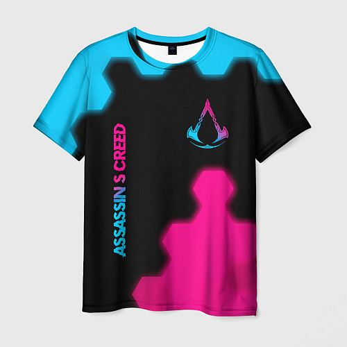 Мужская футболка Assassins Creed - neon gradient: надпись, символ / 3D-принт – фото 1