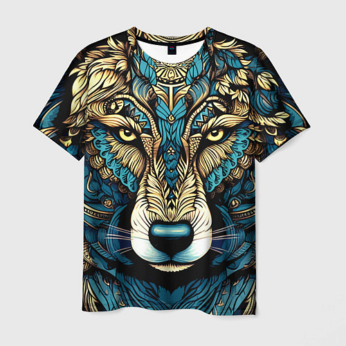 Мужская футболка Волк в бирюзовом орнаменте / 3D-принт – фото 1