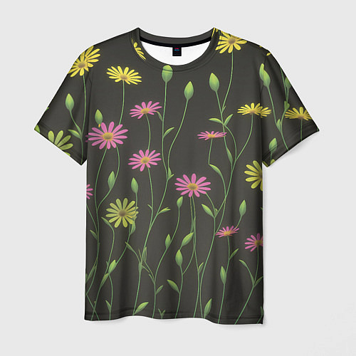Мужская футболка Полевые цветочки на темном фоне / 3D-принт – фото 1