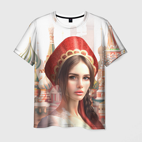 Мужская футболка Девушка в кокошнике с косой - кремль / 3D-принт – фото 1
