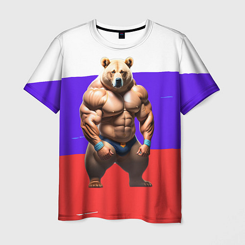 Мужская футболка Накаченный медведь на Российском флаге / 3D-принт – фото 1