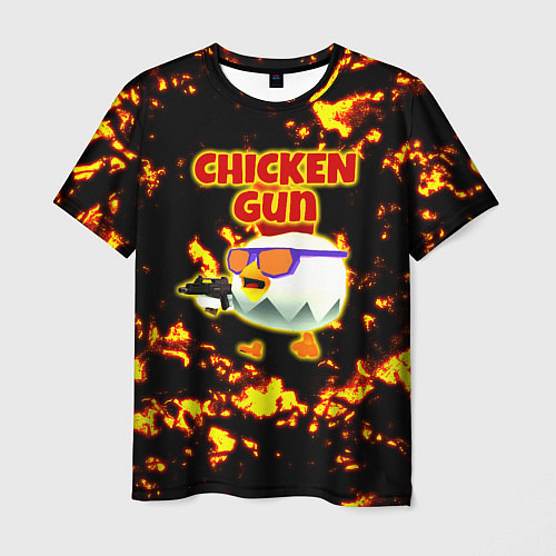 Мужская футболка Chicken Gun на фоне огня / 3D-принт – фото 1