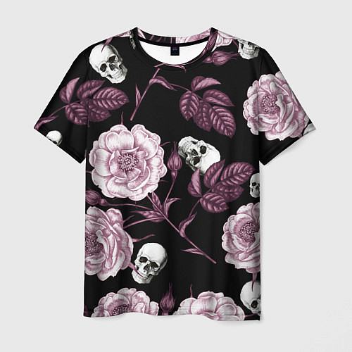 Мужская футболка Розовые цветы с черепами / 3D-принт – фото 1