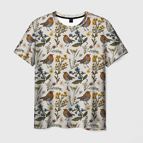 Мужская футболка Птицы малиновки и зверобой / 3D-принт – фото 1