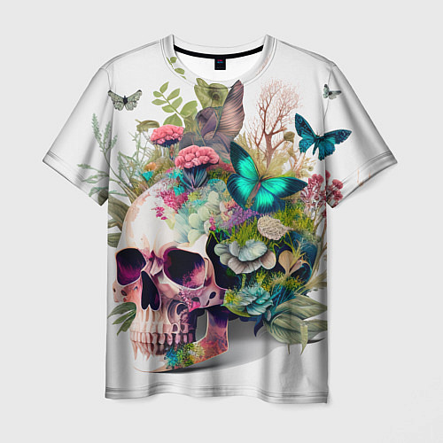 Мужская футболка Красивый череп с листьями и бабочками / 3D-принт – фото 1