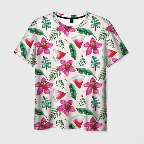 Мужская футболка Арбузы, цветы и тропические листья / 3D-принт – фото 1
