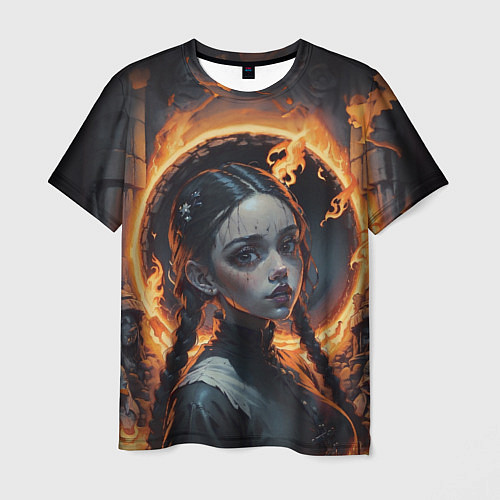 Мужская футболка Готическая девушка с двумя косами в огненном круге / 3D-принт – фото 1