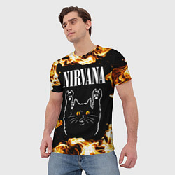 Футболка мужская Nirvana рок кот и огонь, цвет: 3D-принт — фото 2