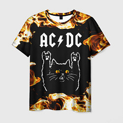 Футболка мужская AC DC рок кот и огонь, цвет: 3D-принт