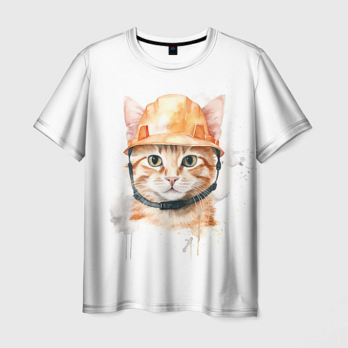 Мужская футболка Акварельный кот в строительной каске / 3D-принт – фото 1
