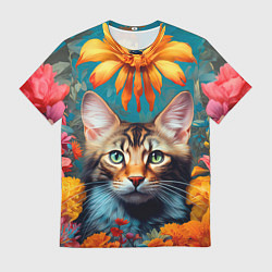 Футболка мужская Дикая кошка в цветах, цвет: 3D-принт