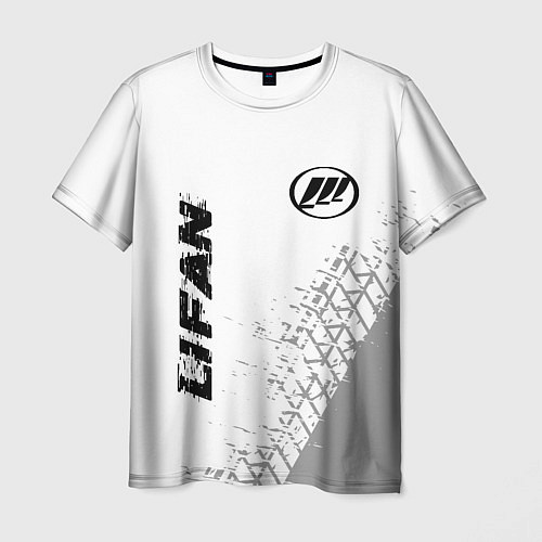Мужская футболка Lifan speed на светлом фоне со следами шин: надпис / 3D-принт – фото 1