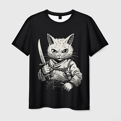 Мужская футболка Черно-белый кот самурай / 3D-принт – фото 1