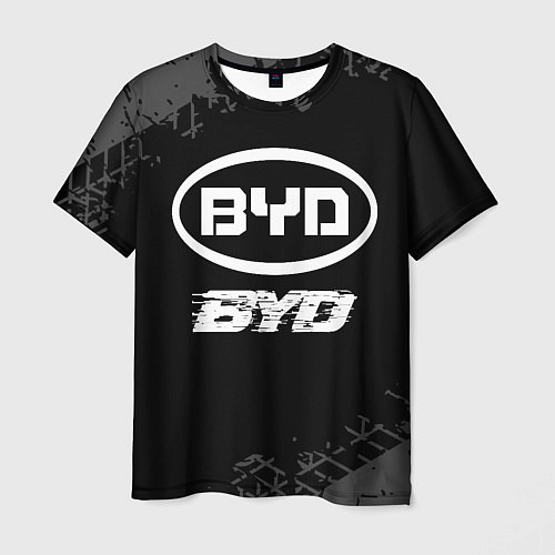 Мужская футболка BYD speed на темном фоне со следами шин / 3D-принт – фото 1