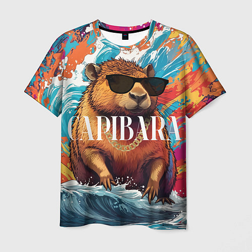 Мужская футболка Капибара в очках на красочных волнах / 3D-принт – фото 1
