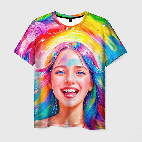 Мужская футболка Девушка с красочными волосами в каплях воды / 3D-принт – фото 1