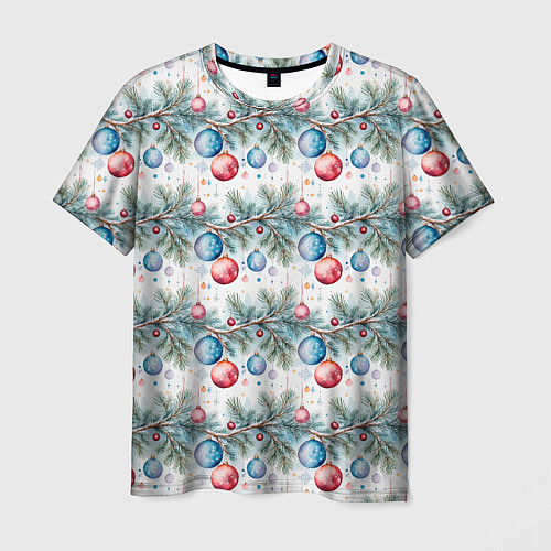 Мужская футболка Узор из елочных шаров на ветке / 3D-принт – фото 1