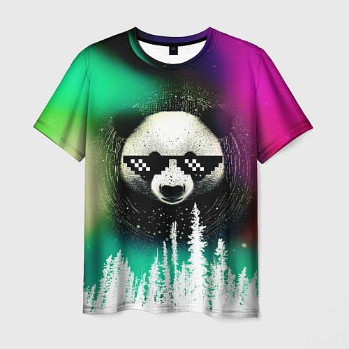 Мужская футболка Панда в очках на фоне северного сияния и леса / 3D-принт – фото 1