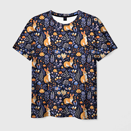 Мужская футболка Оранжевые зайчики в траве на синем фоне / 3D-принт – фото 1