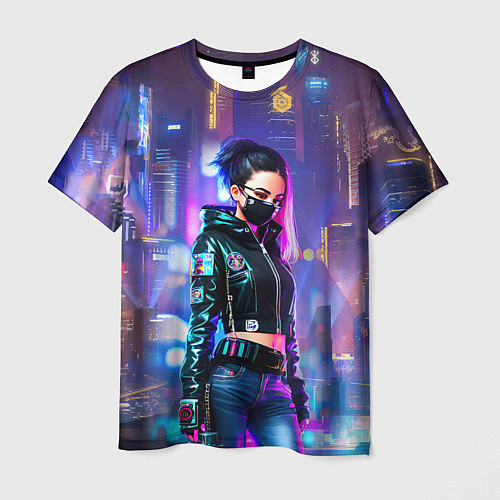 Мужская футболка Девчонка в маске в мегаполисе - киберпанк / 3D-принт – фото 1