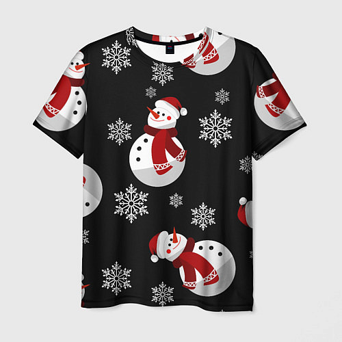 Мужская футболка Снеговички в зимних шапочках со снежинками / 3D-принт – фото 1