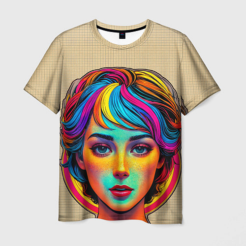 Мужская футболка Девушка с разноцветными волосами на клетчатом фоне / 3D-принт – фото 1