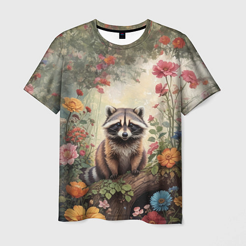 Мужская футболка Милый енот в лесу / 3D-принт – фото 1