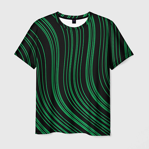 Мужская футболка Абстракция зелёные линии на чёрном / 3D-принт – фото 1