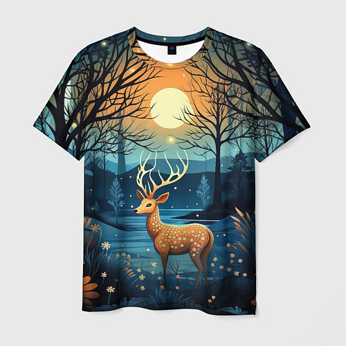 Мужская футболка Олень в ночном лесу фолк-арт / 3D-принт – фото 1