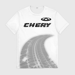 Мужская футболка Chery speed на светлом фоне со следами шин посеред