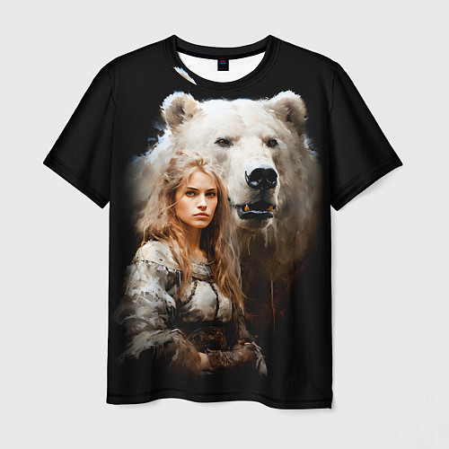 Мужская футболка Славянка с большим белым медведем / 3D-принт – фото 1