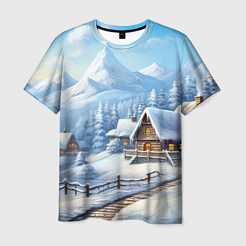 Мужская футболка Новогодняя зимняя деревня / 3D-принт – фото 1