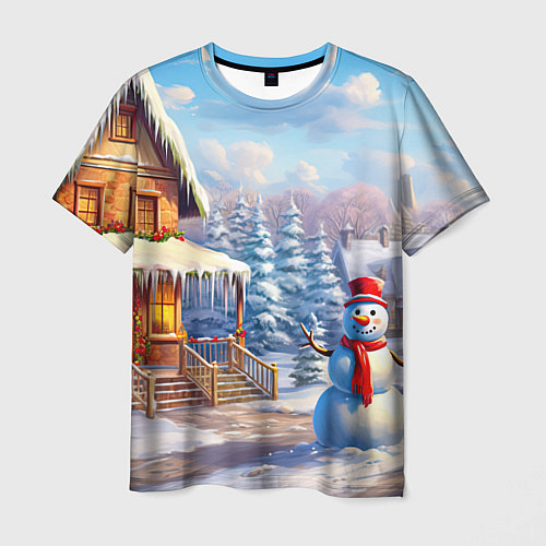 Мужская футболка Новогодняя деревня и снеговик / 3D-принт – фото 1