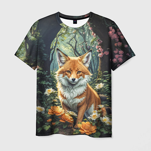 Мужская футболка Лисица в лесу в цветах / 3D-принт – фото 1