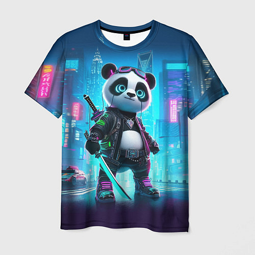 Мужская футболка Панда кибер самурай в ночном Нью-Йорке / 3D-принт – фото 1