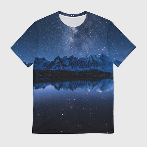 Мужская футболка Галактическая зимняя ночь в горах / 3D-принт – фото 1