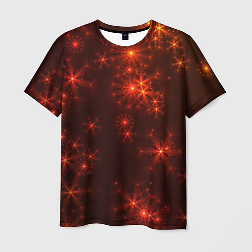 Мужская футболка Абстрактные светящиеся красно оранжевые снежинки / 3D-принт – фото 1