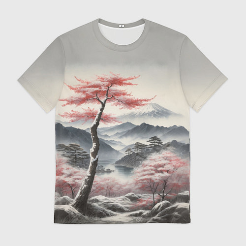 Мужская футболка Высокое дерево и гора Фудзияма / 3D-принт – фото 1