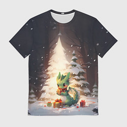 Футболка мужская Чиби-дракон под ёлкой с подарками, цвет: 3D-принт