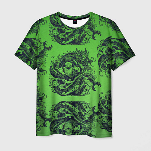 Мужская футболка Дракон и Дед Мороз паттерн на зеленом / 3D-принт – фото 1