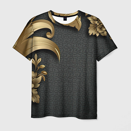 Мужская футболка Золотые объемные листья на сером фоне / 3D-принт – фото 1