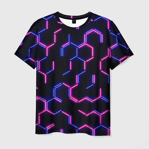 Мужская футболка Сине-розовые неоновые неполные гексагоны / 3D-принт – фото 1