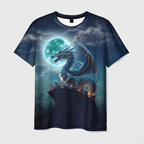 Мужская футболка Дракон на скале на фоне луны / 3D-принт – фото 1