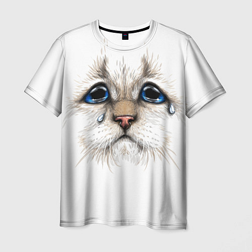 Мужская футболка Белый плачущий кот / 3D-принт – фото 1