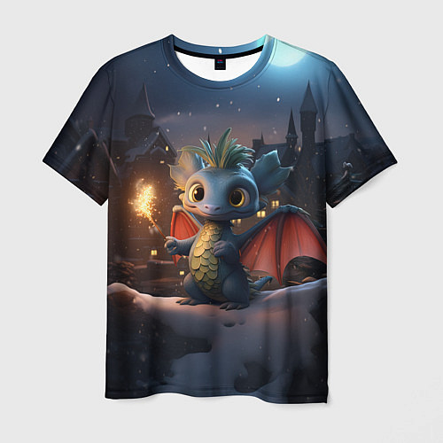 Мужская футболка Маленький дракон на фоне замка / 3D-принт – фото 1