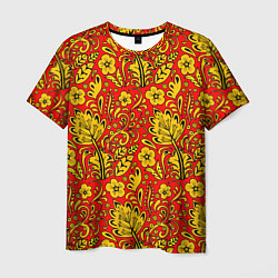 Футболка мужская Хохломская роспись золотистые цветы на красном фон, цвет: 3D-принт